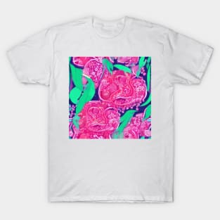 Retro pink, purple and green flowers and leaves T-Shirt